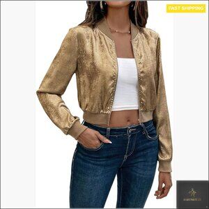 Metallic Varsity Baseball Jacket Lightweight Zip Up Outerwear Long Sleeve